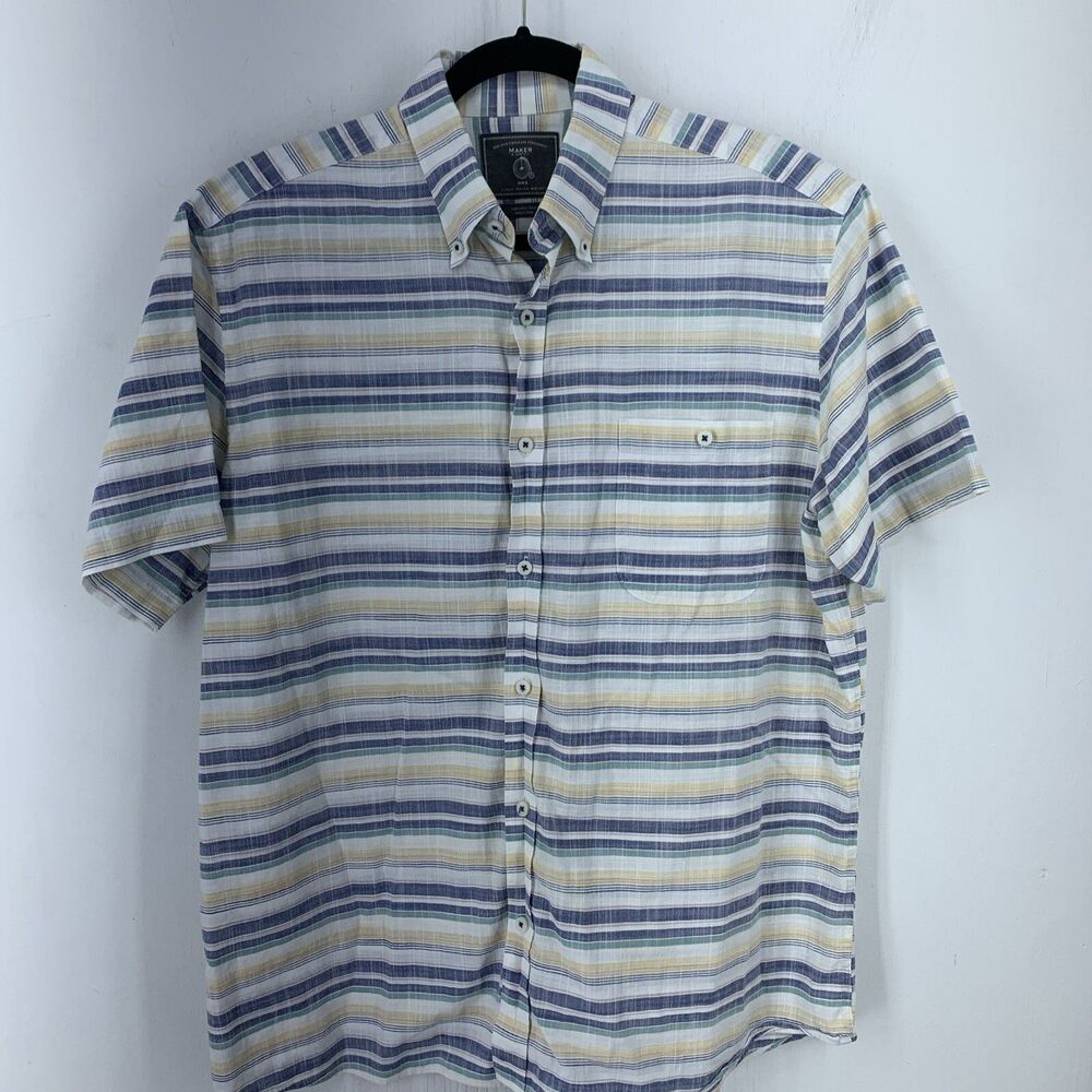 Maker & Company Mens Large Button Down Shirt Cotton Blue Yellow Stripes Preppy